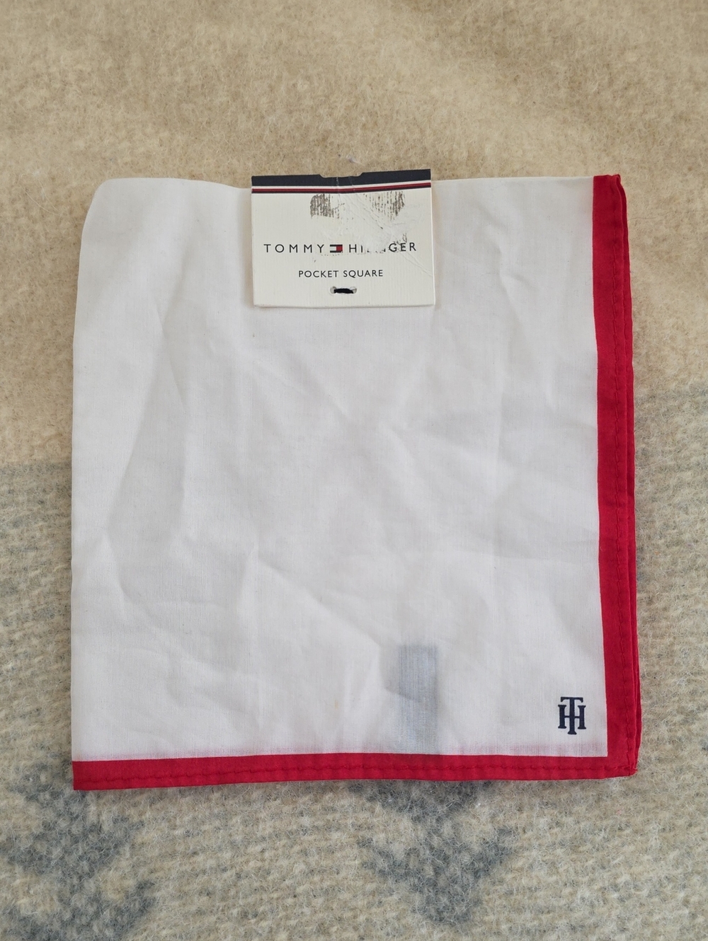 Tommy Hilfiger White Pocket Square with Red Trim and TH Monogram